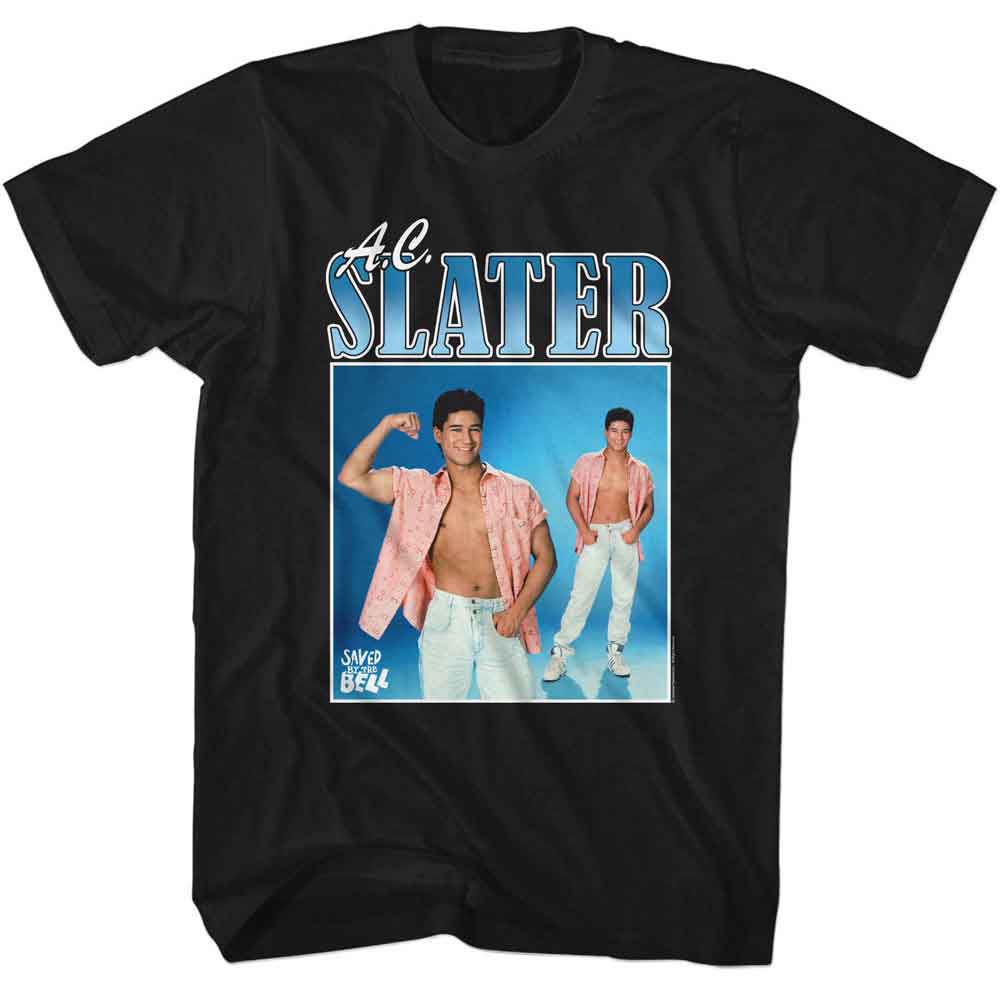 Black T-shirt featuring retro A.C. Slater photo graphic from Saved by the Bell.