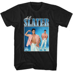 Black T-shirt featuring retro A.C. Slater photo graphic from Saved by the Bell.