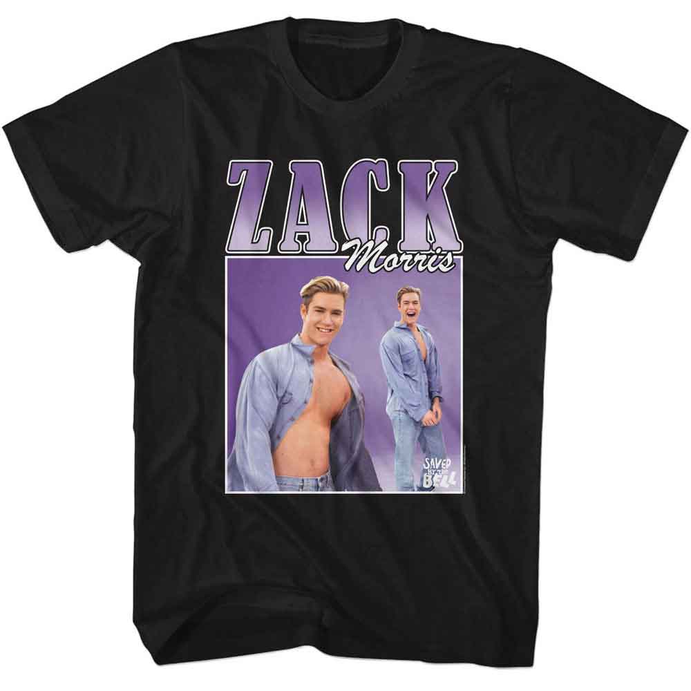 Black T-shirt featuring retro Zack Morris photo graphic from Saved by the Bell.