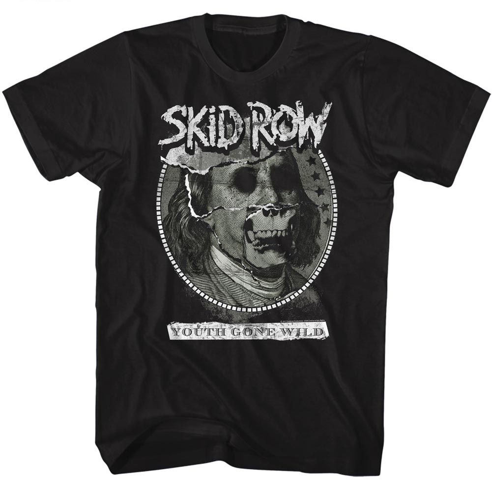 Black T-shirt featuring distressed Skid Row logo with cracked money portrait skull graphic and “Youth Gone Wild” text.