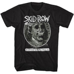 Black T-shirt featuring distressed Skid Row logo with cracked money portrait skull graphic and “Youth Gone Wild” text.
