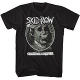 Black T-shirt featuring distressed Skid Row logo with cracked money portrait skull graphic and “Youth Gone Wild” text.