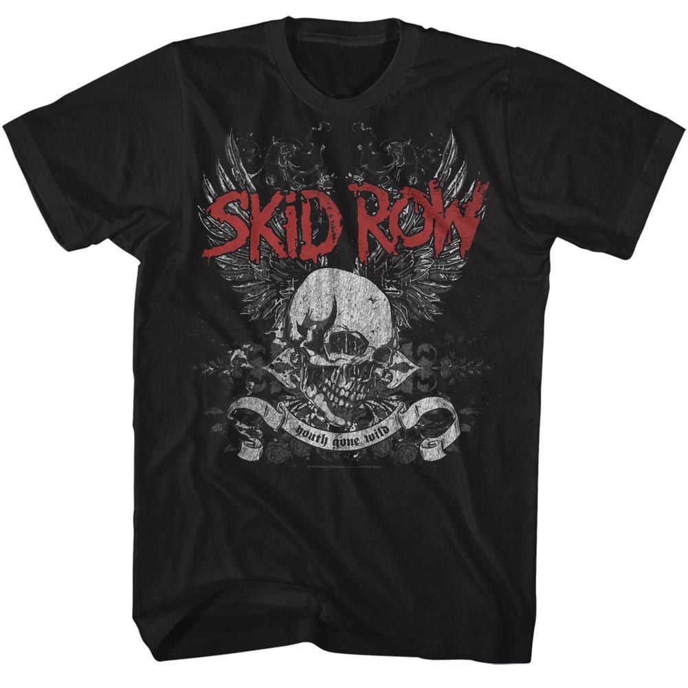 Black T-shirt featuring distressed red Skid Row logo above a winged skull graphic with “Youth Gone Wild” banner.