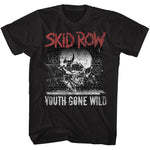 Black T-shirt featuring distressed Skid Row red logo above cracked skull on brick wall with “Youth Gone Wild” text.