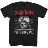 Black T-shirt featuring distressed Skid Row red logo above cracked skull on brick wall with “Youth Gone Wild” text.
