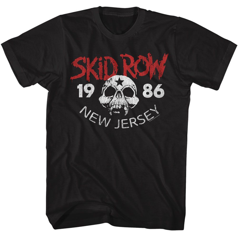 Black T-shirt featuring distressed Skid Row red logo, skull graphic, and “1986 New Jersey” text in white.