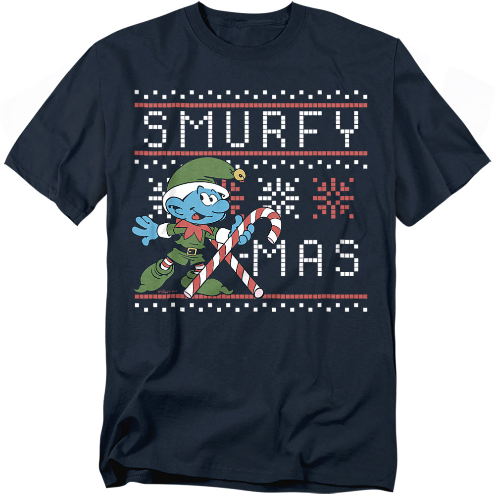 Navy t-shirt featuring a Smurf dressed as a Christmas elf with a candy cane and the text “Smurfy Xmas” in retro sweater-style lettering.