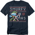 Navy t-shirt featuring a Smurf dressed as a Christmas elf with a candy cane and the text “Smurfy Xmas” in retro sweater-style lettering.