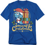 Blue t-shirt featuring Brainy Smurf in a Santa hat holding Christmas gifts with the text “Smurfy Christmas.”