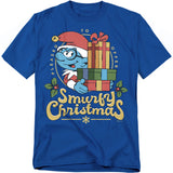 Blue t-shirt featuring Brainy Smurf in a Santa hat holding Christmas gifts with the text “Smurfy Christmas.”