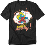 Black t-shirt featuring Smurfette in a red jumpsuit striking an action pose with the words “Smurf Ready!”