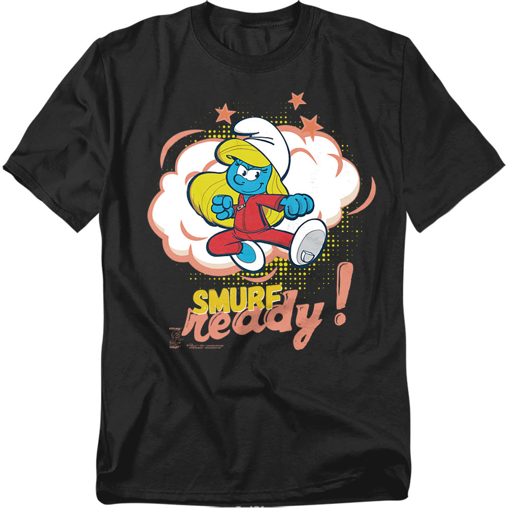 Black t-shirt featuring Smurfette in a red jumpsuit striking an action pose with the words “Smurf Ready!”