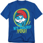 Blue t-shirt featuring Papa Smurf pointing outward with bold text that reads “We Smurf You!”