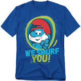 Blue t-shirt featuring Papa Smurf pointing outward with bold text that reads “We Smurf You!”