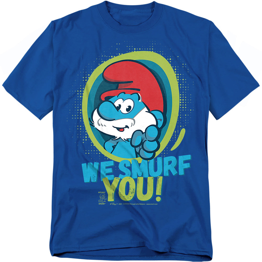Blue t-shirt featuring Papa Smurf pointing outward with bold text that reads “We Smurf You!”