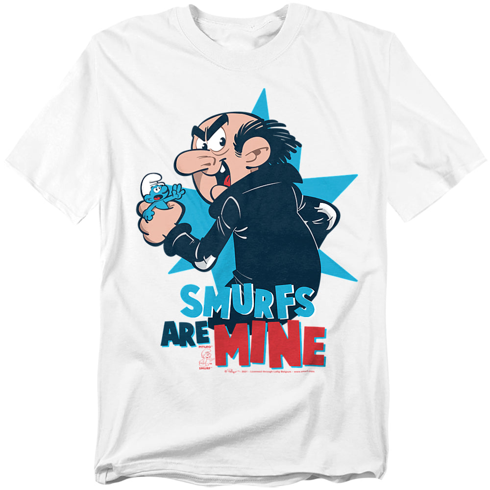 White t-shirt featuring Gargamel holding a Smurf in his fist with text that reads “Smurfs Are Mine.”