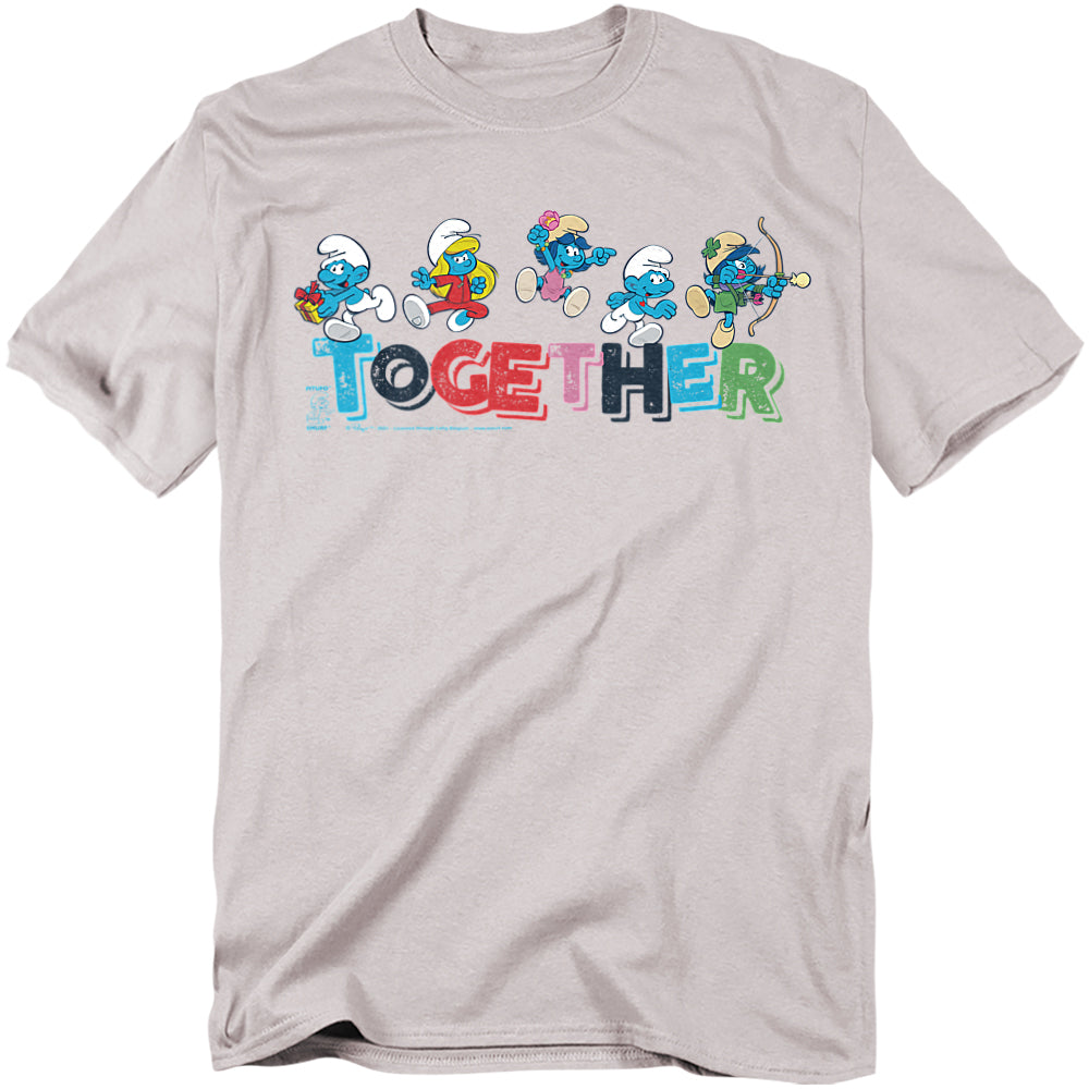 Light gray t-shirt featuring Smurfs running across colorful block letters that spell “TOGETHER.”