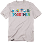 Light gray t-shirt featuring Smurfs running across colorful block letters that spell “TOGETHER.”