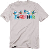 Light gray t-shirt featuring Smurfs running across colorful block letters that spell “TOGETHER.”
