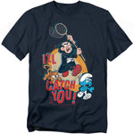 Navy t-shirt featuring Gargamel chasing a Smurf with Azrael the cat, under bold text that reads “I’ll Catch You!”