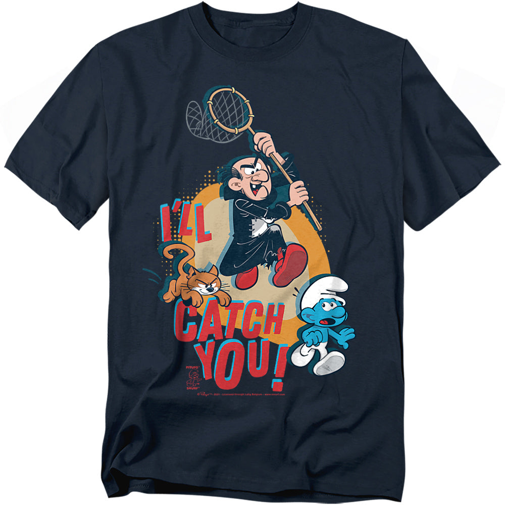 Navy t-shirt featuring Gargamel chasing a Smurf with Azrael the cat, under bold text that reads “I’ll Catch You!”