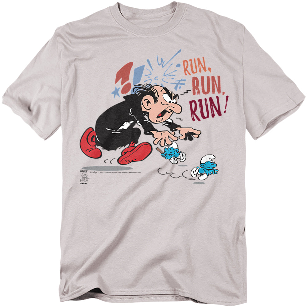 Light gray t-shirt featuring Gargamel chasing Smurfs with bold text that reads “Run, Run, Run!” in comic-style lettering.