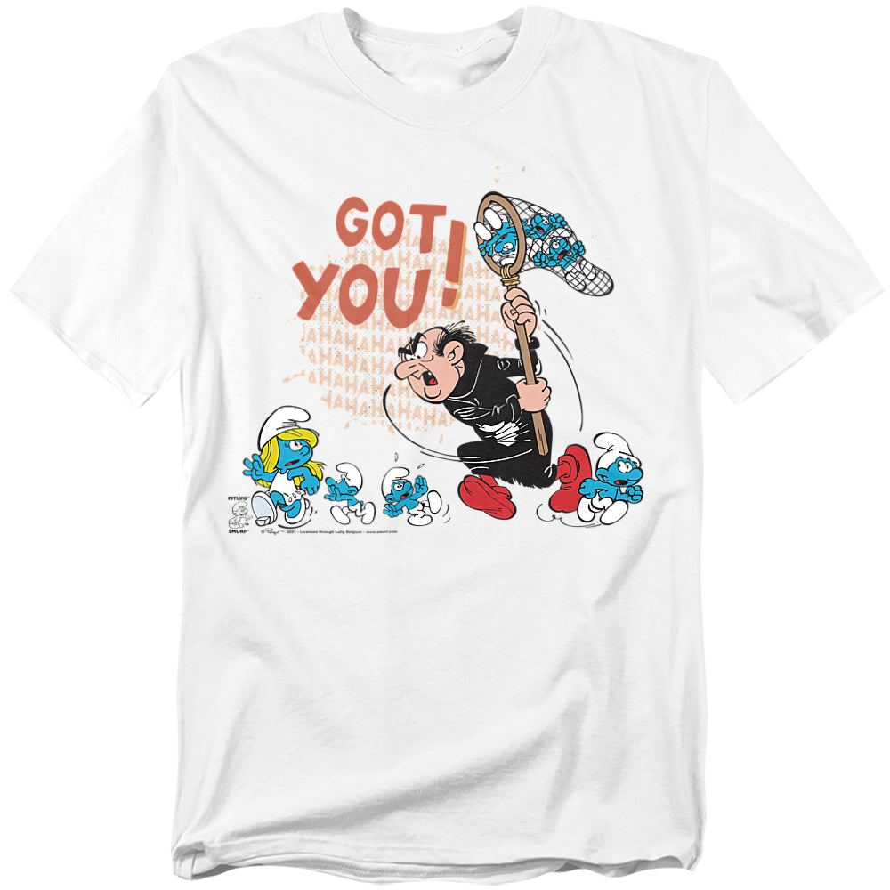 White t-shirt featuring Gargamel with a net chasing the Smurfs, with bold text reading “Got You!” above the scene.