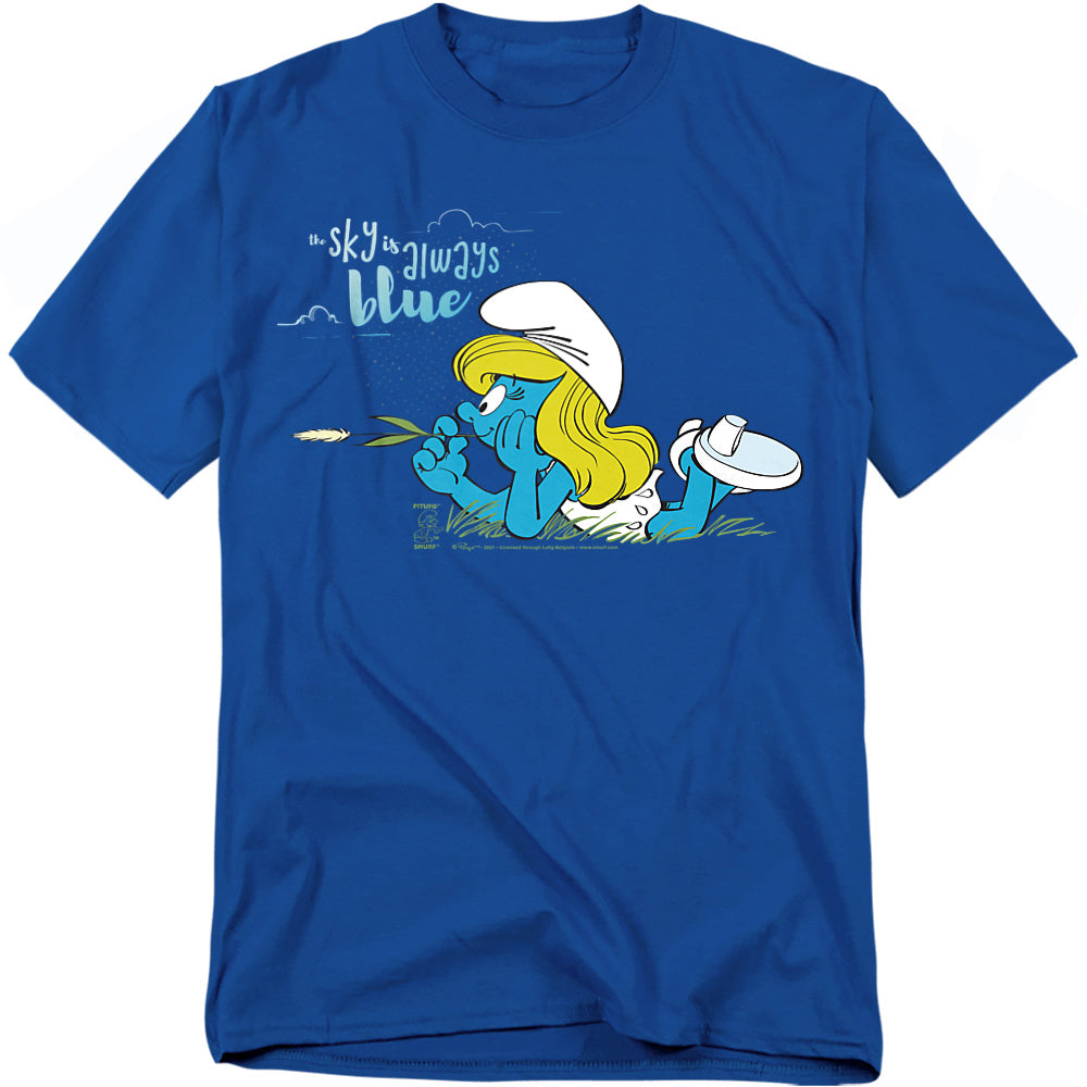 Royal blue t-shirt featuring Smurfette lying in the grass with text that reads “The sky is always blue.”