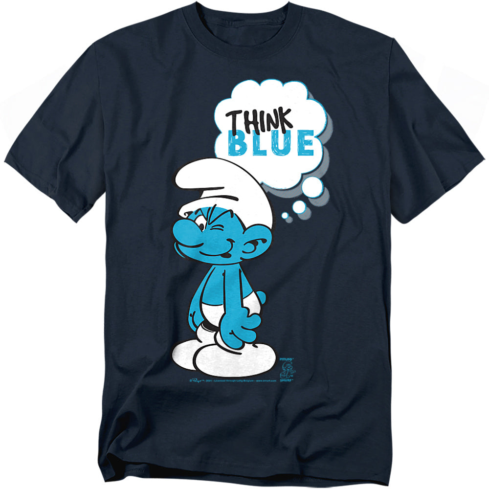Navy blue t-shirt featuring a Smurf with a thought bubble that reads “Think Blue.”