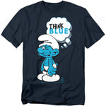 Navy blue t-shirt featuring a Smurf with a thought bubble that reads “Think Blue.”