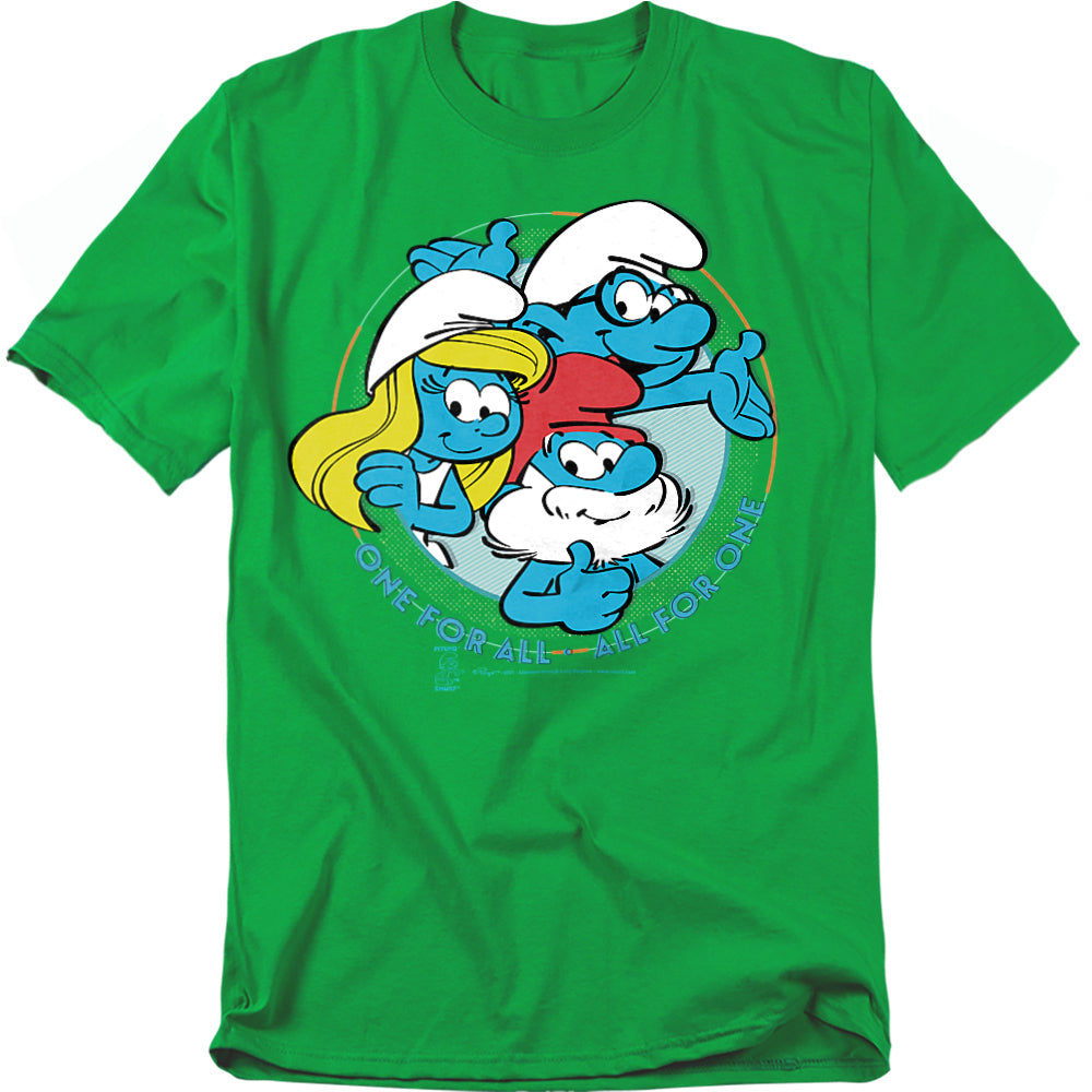 Green t-shirt featuring Smurfette, Papa Smurf, and Brainy Smurf with the phrase “One for All – All for One” in a circular design.