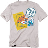 Light gray t-shirt featuring a comic-style panel of Azrael the cat drooling at a Smurf, with a cartoon speech bubble showing “?!” above them.