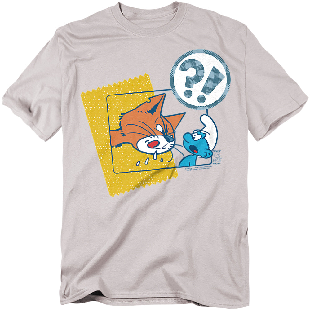 Light gray t-shirt featuring a comic-style panel of Azrael the cat drooling at a Smurf, with a cartoon speech bubble showing “?!” above them.