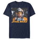 Navy blue Star Wars parody rebel pilot  "porkins" graphic t-shirt with retro sci-fi inspired portrait artwork