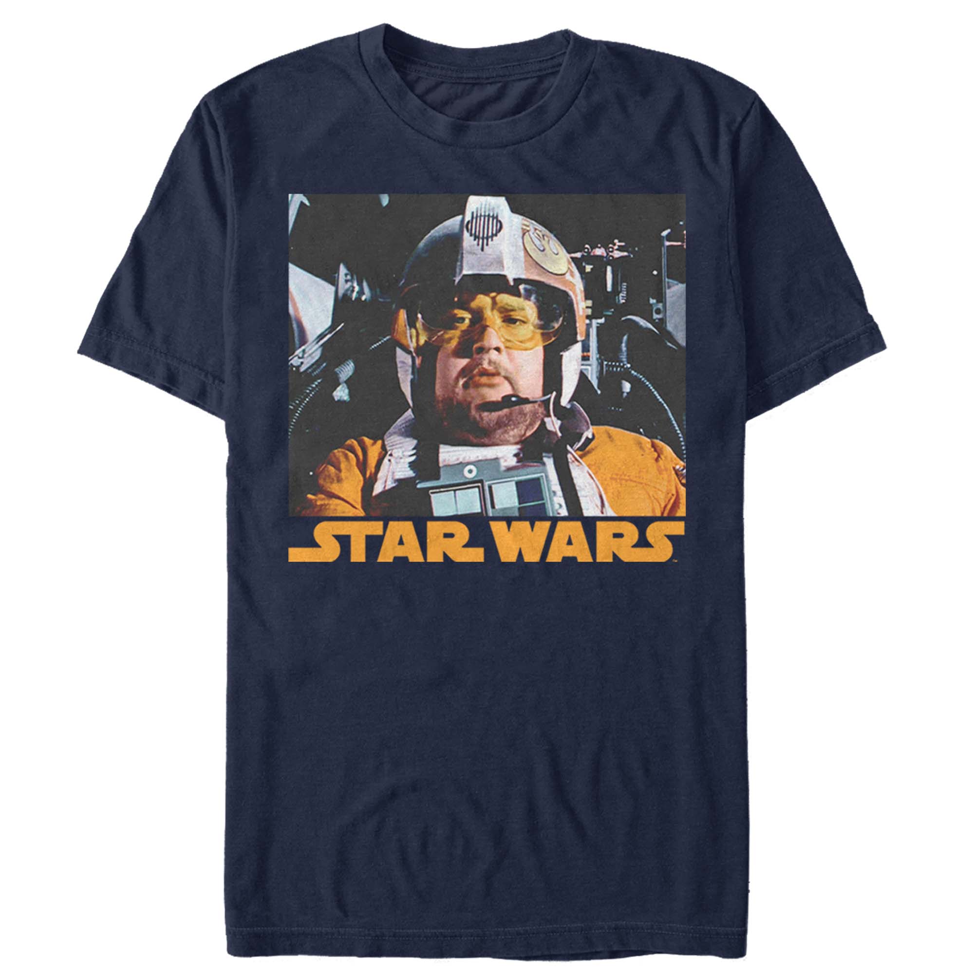 Navy blue Star Wars parody rebel pilot  "porkins" graphic t-shirt with retro sci-fi inspired portrait artwork