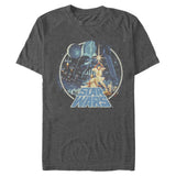 Vintage Star Wars t-shirt featuring the classic 1977 movie poster art with Luke Skywalker, Princess Leia, Darth Vader, and X-wing starfighters against a starry galaxy backdrop.