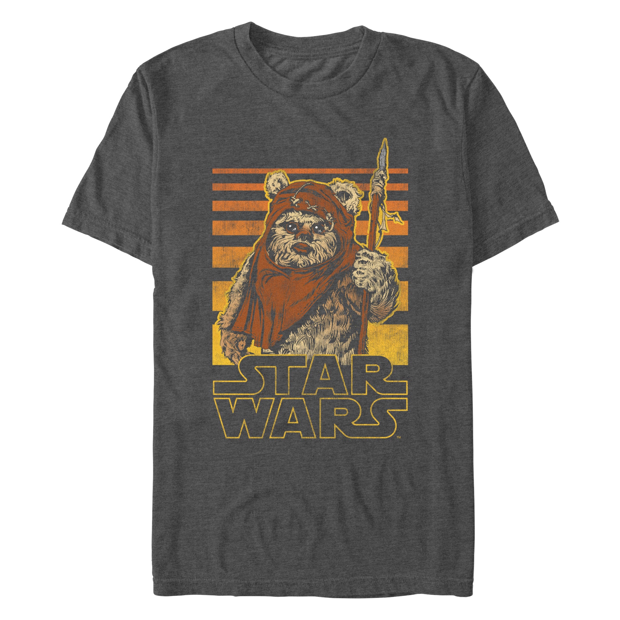 Vintage-style Star Wars T-shirt featuring an Ewok from Return of the Jedi with retro orange and yellow sunset stripes, on a dark heather gray background.