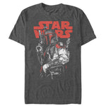 Vintage style Star Wars Boba Fett t-shirt with classic red logo and comic inspired design