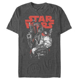 Vintage style Star Wars Boba Fett t-shirt with classic red logo and comic inspired design