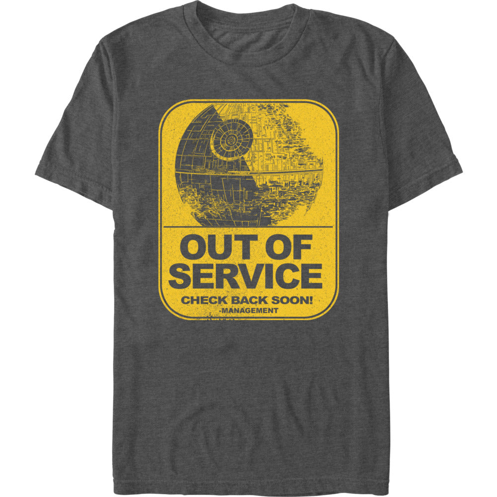 Charcoal heather Star Wars Death Star Out of Service graphic t-shirt with distressed yellow retro design