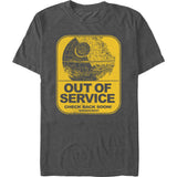Charcoal heather Star Wars Death Star Out of Service graphic t-shirt with distressed yellow retro design