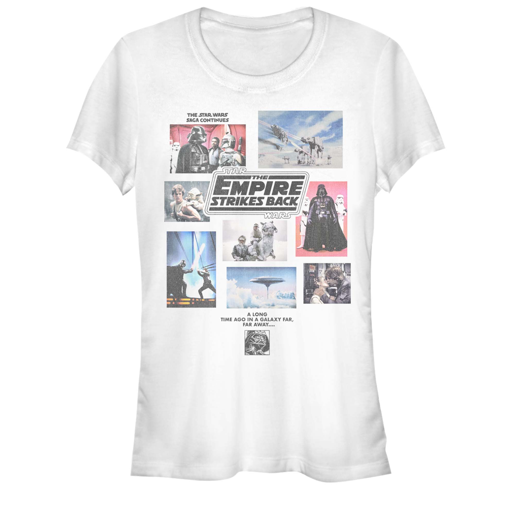 White Star Wars Empire Strikes Back collage graphic t-shirt featuring classic movie scenes and Darth Vader