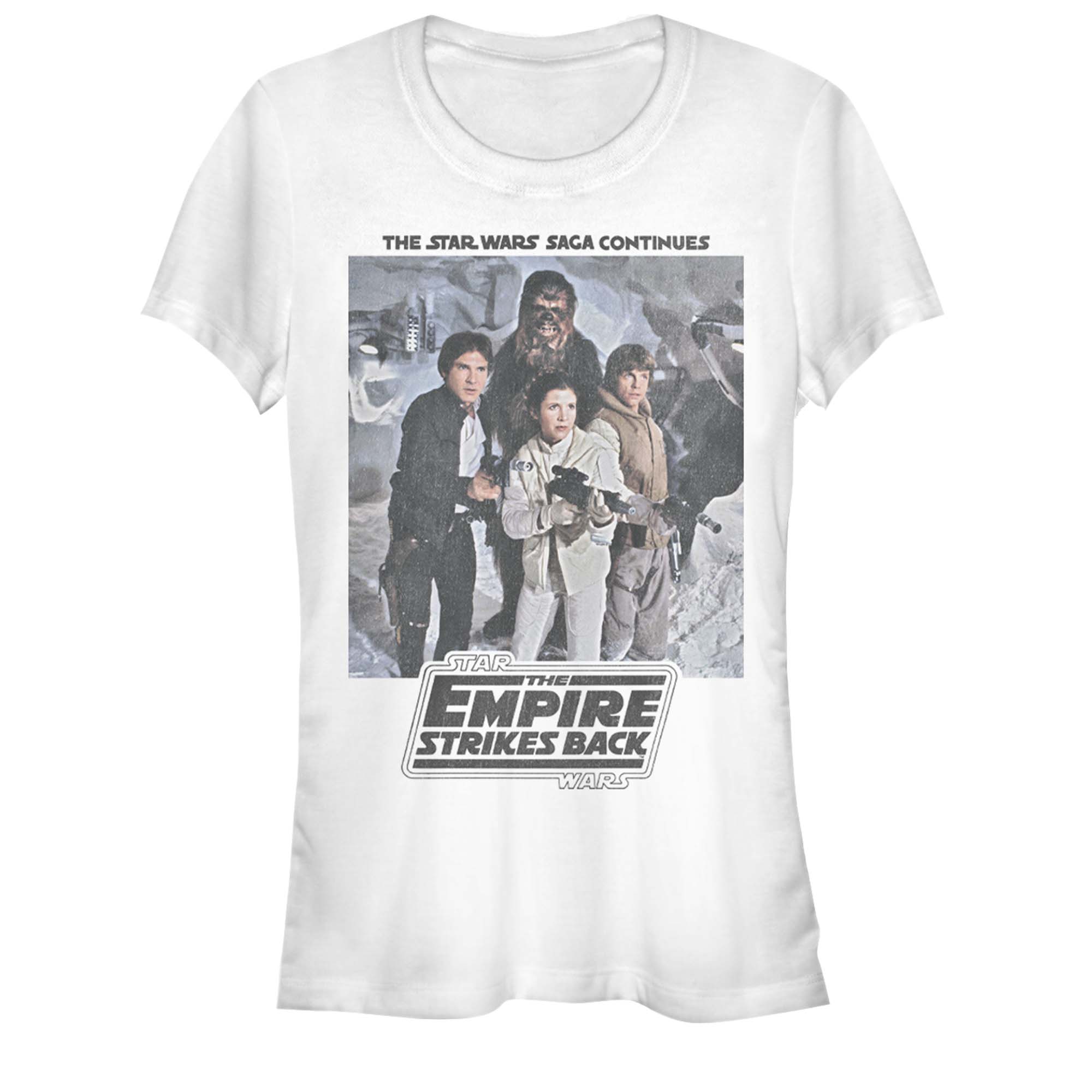 White Star Wars Empire Strikes Back graphic t-shirt featuring Han Solo Leia Luke and Chewbacca on Hoth
