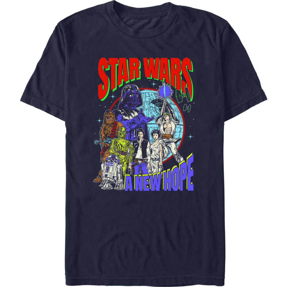 Navy blue Star Wars A New Hope graphic t-shirt featuring Luke Skywalker, Darth Vader, Princess Leia, Han Solo, and classic characters