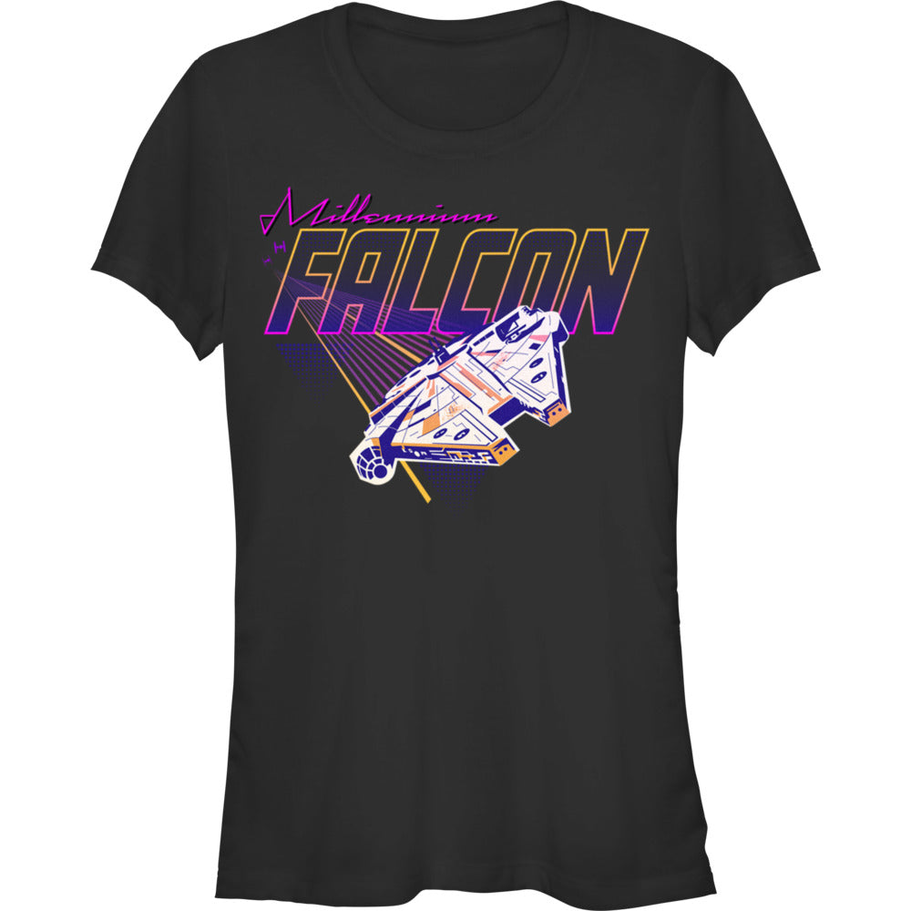 Black Star Wars Millennium Falcon graphic t-shirt with retro neon synthwave inspired artwork