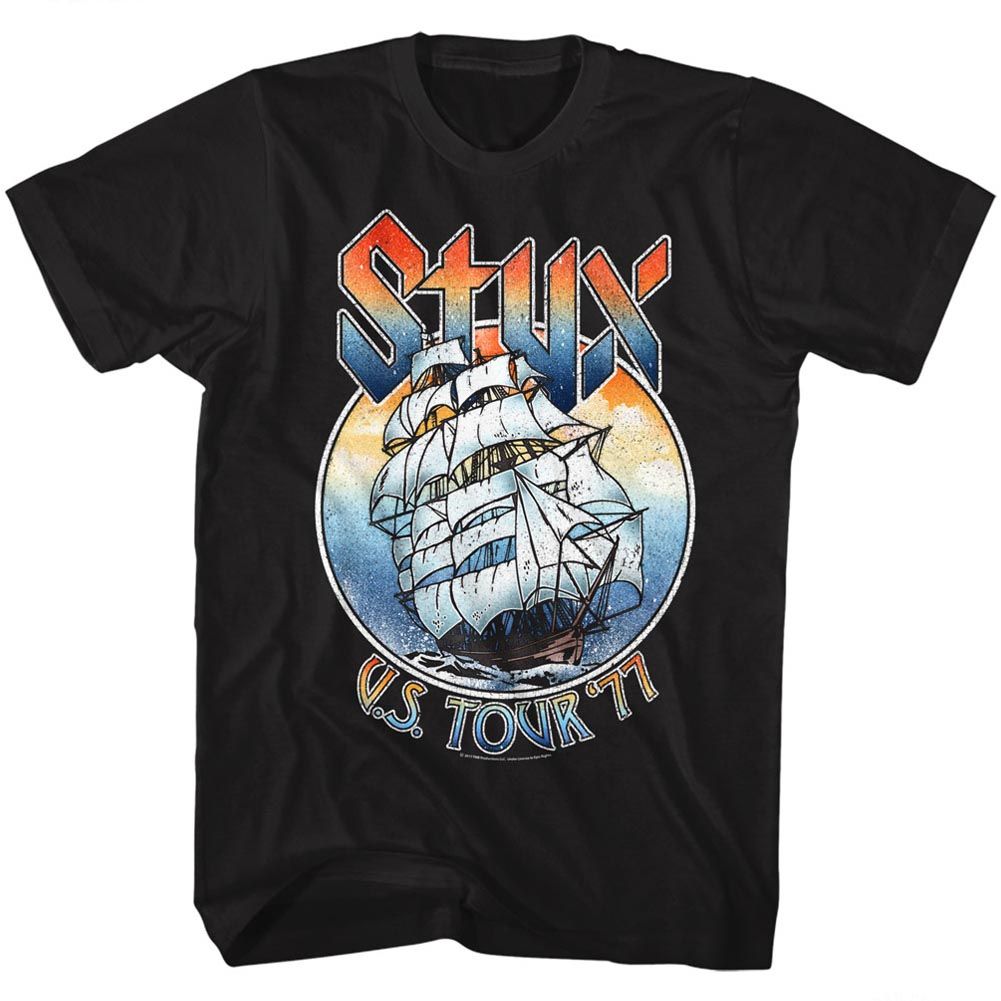 Black Styx U.S. Tour 77 graphic t-shirt featuring vintage sailing ship artwork and retro rock band design