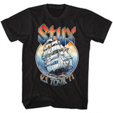 Black Styx U.S. Tour 77 graphic t-shirt featuring vintage sailing ship artwork and retro rock band design