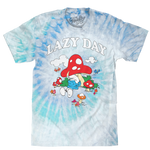 Blue tie-dye graphic T-shirt featuring a Smurf relaxing under mushrooms with “Lazy Day” text