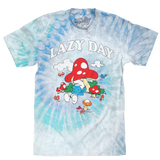 Blue tie-dye graphic T-shirt featuring a Smurf relaxing under mushrooms with “Lazy Day” text