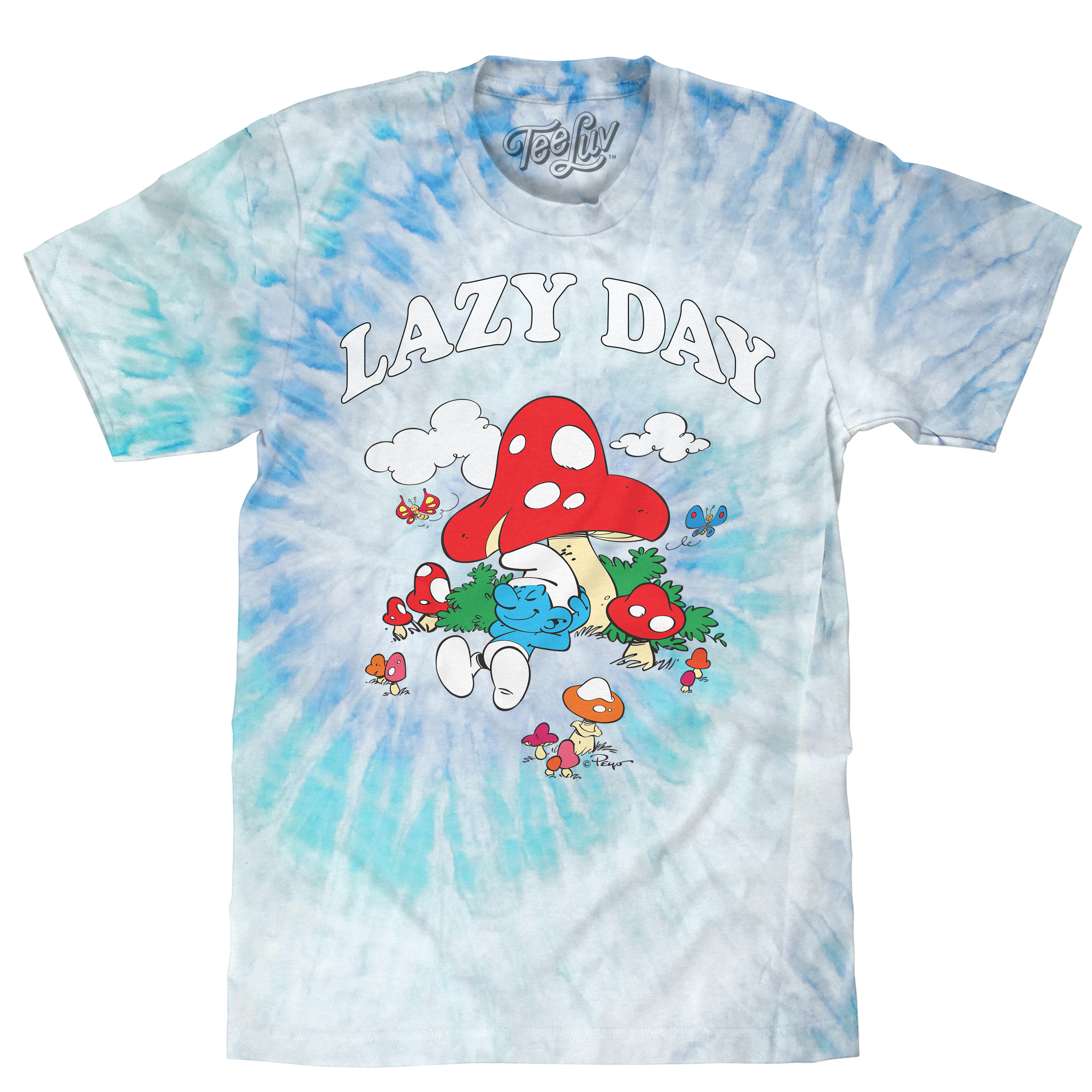 Blue tie-dye graphic T-shirt featuring a Smurf relaxing under mushrooms with “Lazy Day” text